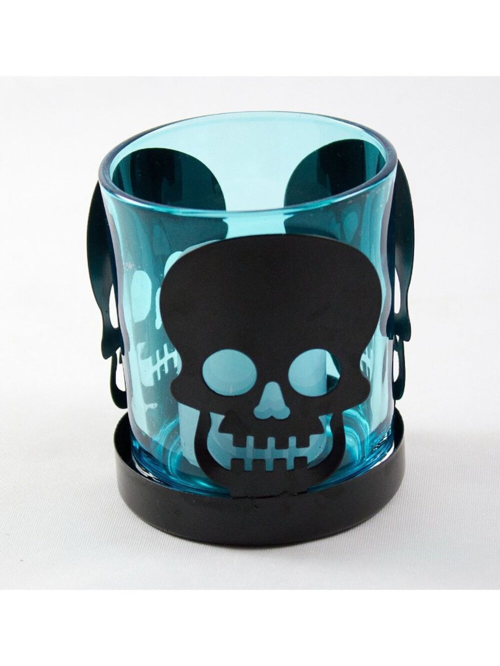 Black Metal & Blue Glass Skull Votive Candle Holder Gothic Halloween Momentum